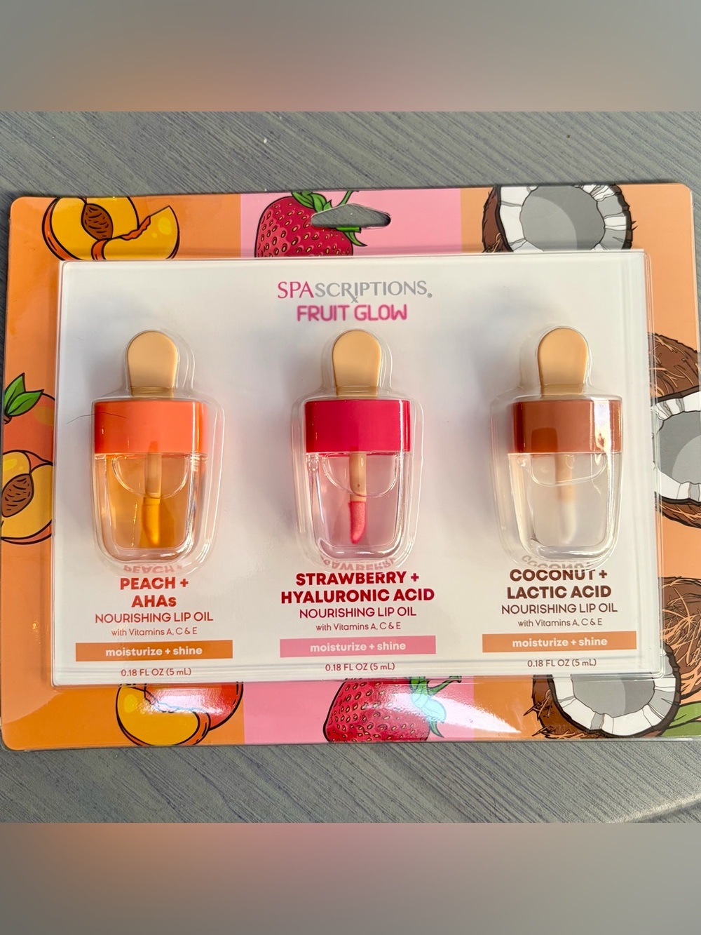 Spascriptions Fruit Glow Nourishing Lip Oil Trio — Peach, Strawberry, Coconut